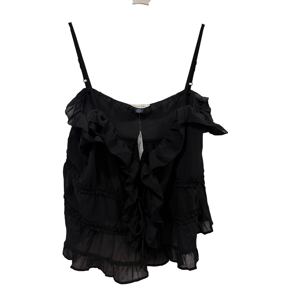 American Eagle Black Ruffle Tiered Camisole Lace Up Front Top NWT Large